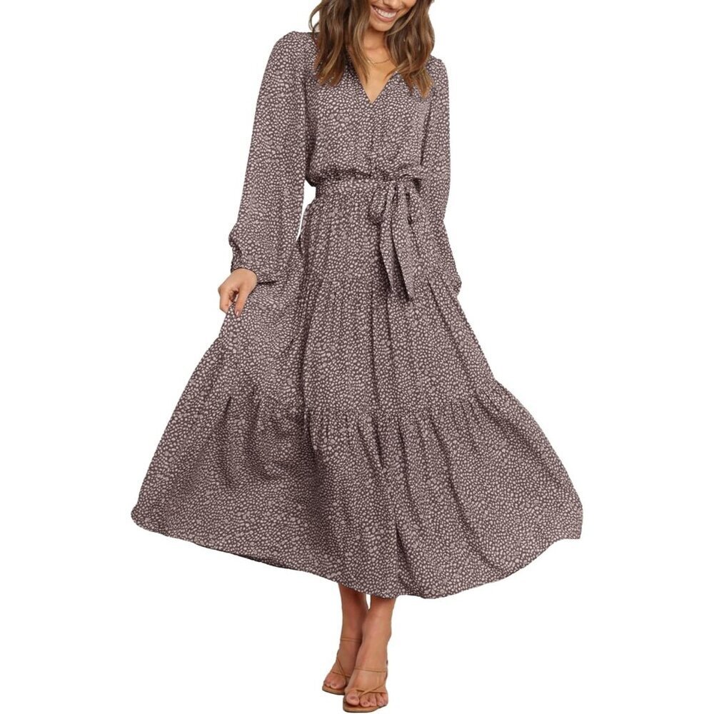 PrettyGarden Women Brown Polyester V Neck Long Sleeve Ruffle Floral Maxi Dress